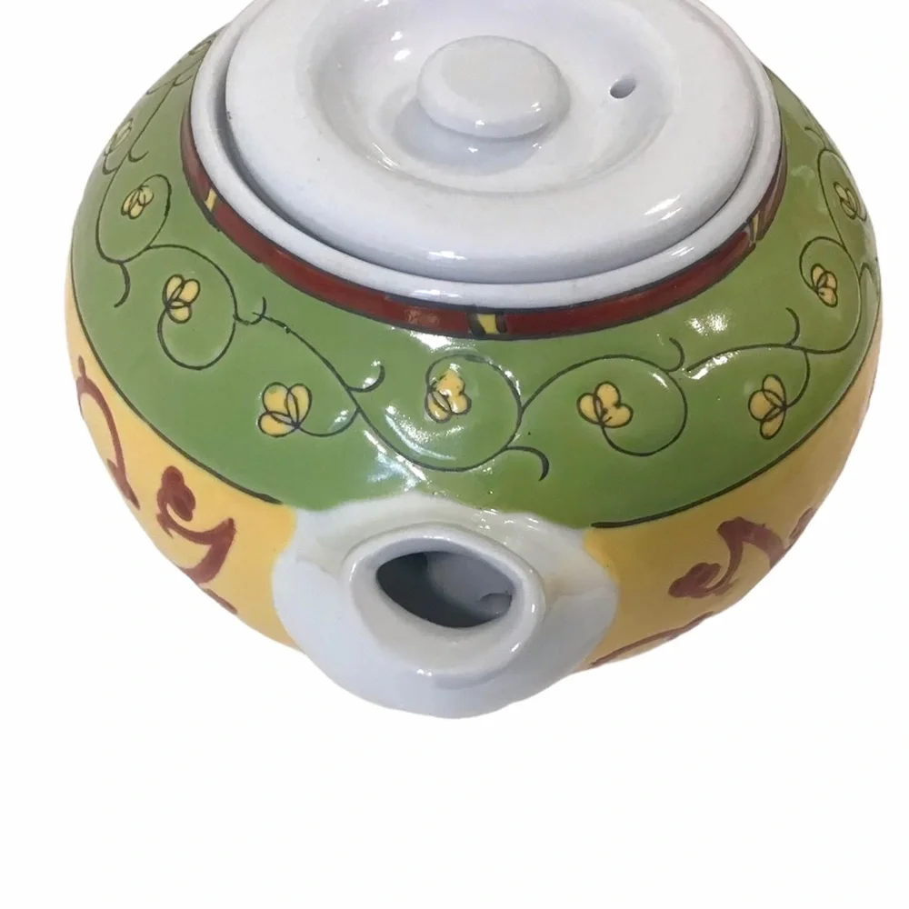 Vintage Pier 1 Porcelain Teapot Hand-Painted Floral Vine Design Green Yellow Red